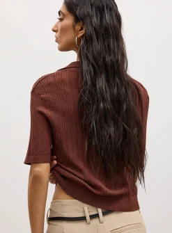 Pointelle knit Johnny-collar short-sleeve sweater