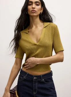 Pointelle knit Johnny-collar short-sleeve sweater