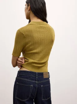 Pointelle knit Johnny-collar short-sleeve sweater