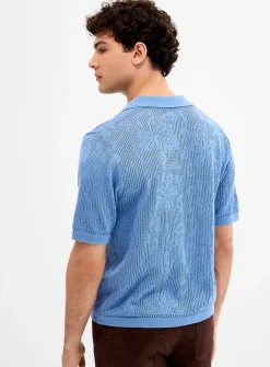 Pointelle-pattern knit Johnny collar polo