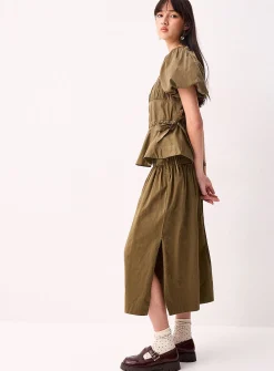 Polished poplin drawstring maxi skirt