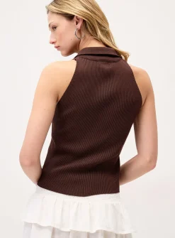 Polka-dotted mock-neck zip-up sweater vest