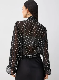 Polka-dotted scarf-neck chiffon blouse
