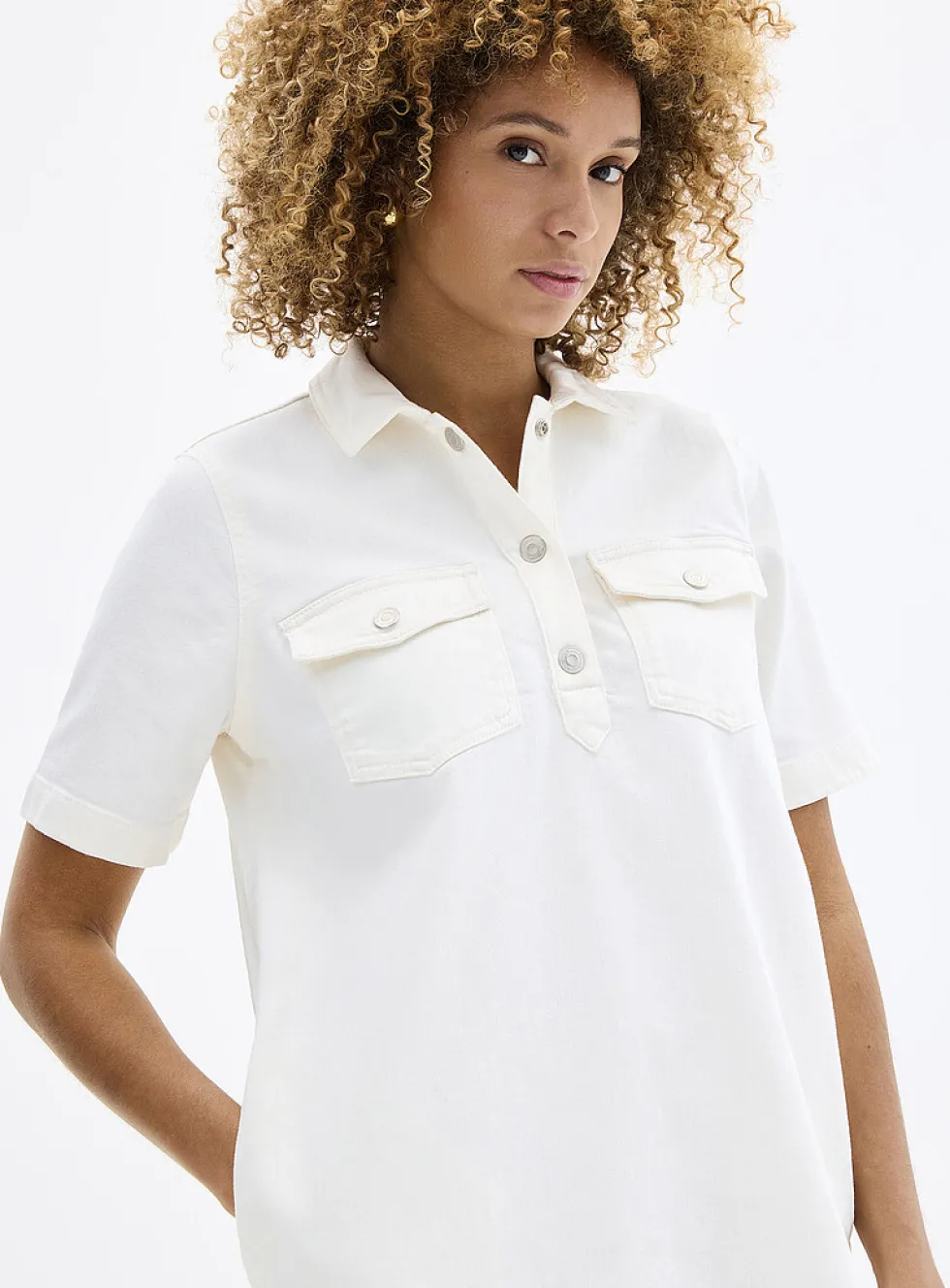 Polo collar white denim dress