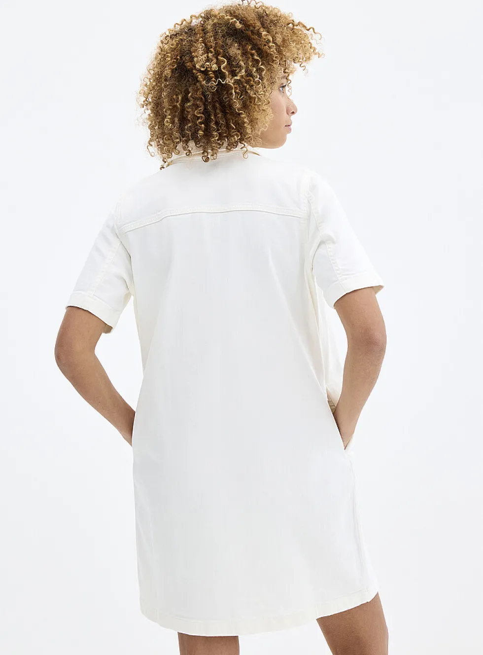 Polo collar white denim dress