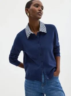 Poplin shirt collar fine-knit cardigan