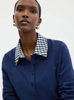 Poplin shirt collar fine-knit cardigan