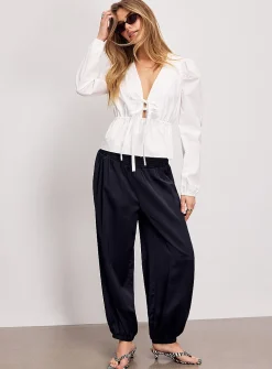 Poplin tie-waist plunging V-neck blouse