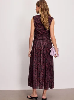 Printed draped-waist micromesh maxi dress