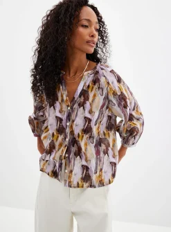 Printed puff-sleeve voile blouse
