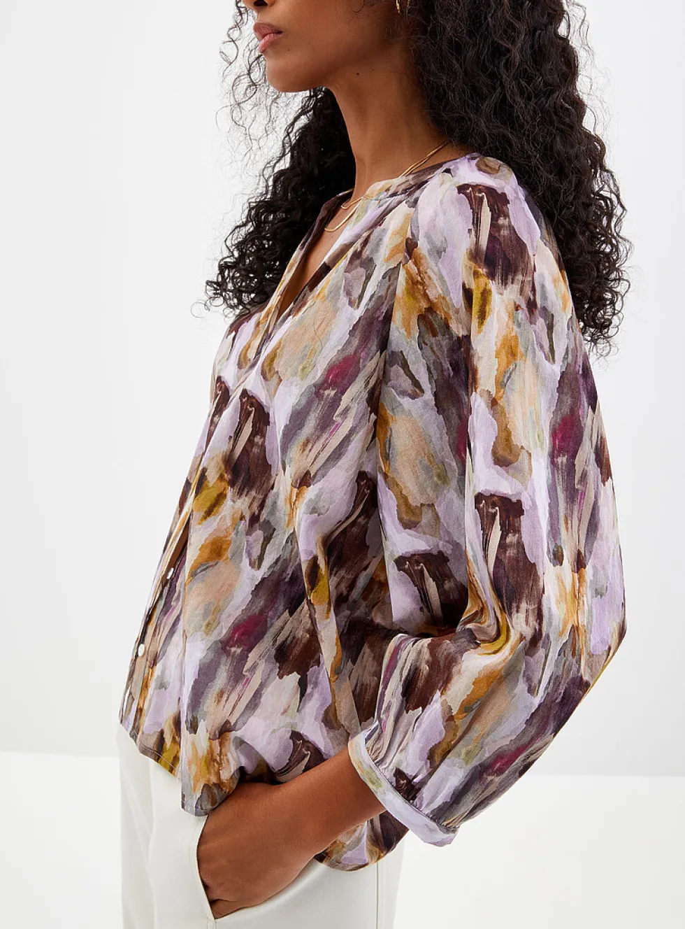 Printed puff-sleeve voile blouse