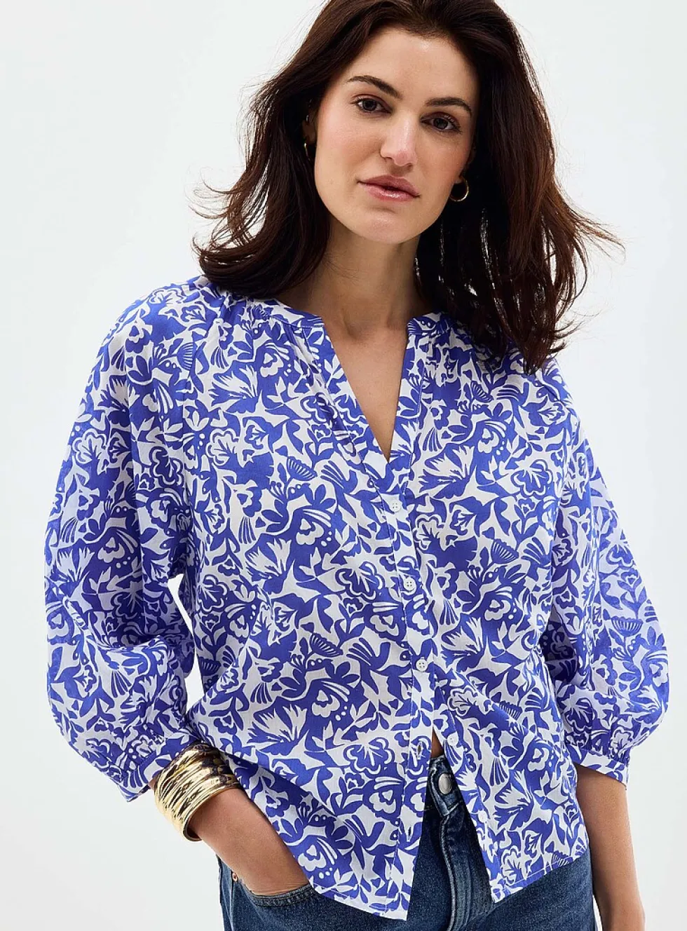 Printed puff-sleeve voile blouse