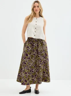 Printed pure linen flared skirt