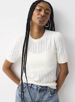 Puff sleeve pointelle knit sweater