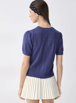 Puff sleeve pointelle knit sweater