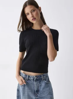 Puff sleeve pointelle knit sweater