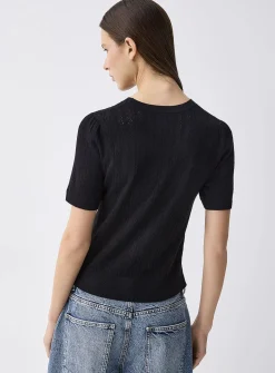 Puff sleeve pointelle knit sweater