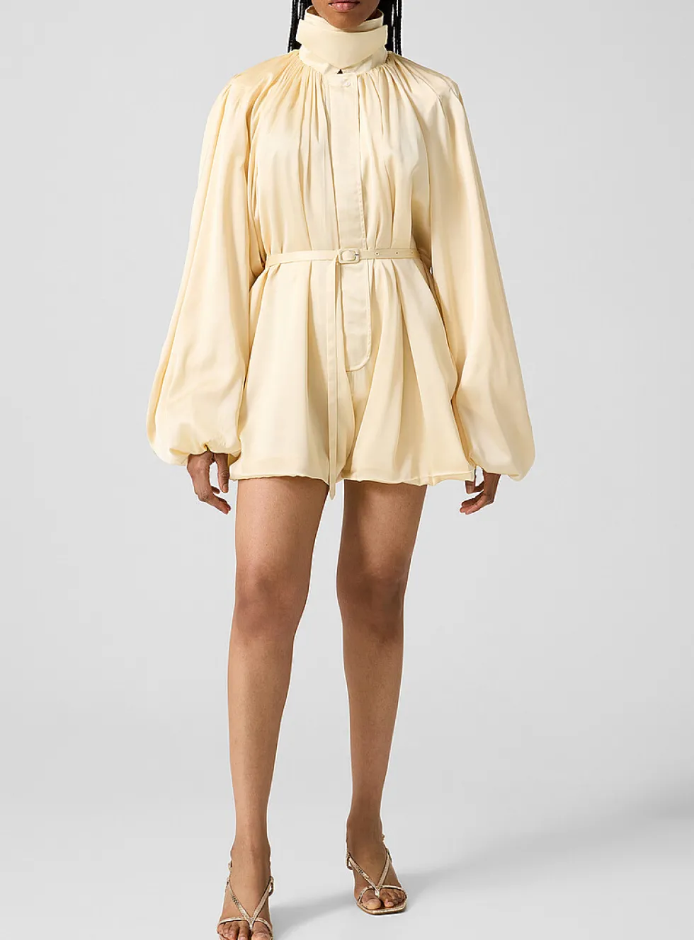 Puff sleeves satin draped romper