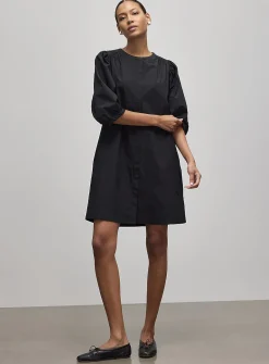 Puff-sleeve loose poplin dress