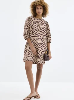 Puff-sleeve loose poplin print dress