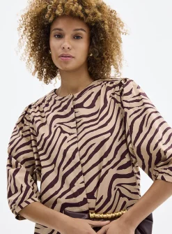 Puff-sleeve loose poplin print dress