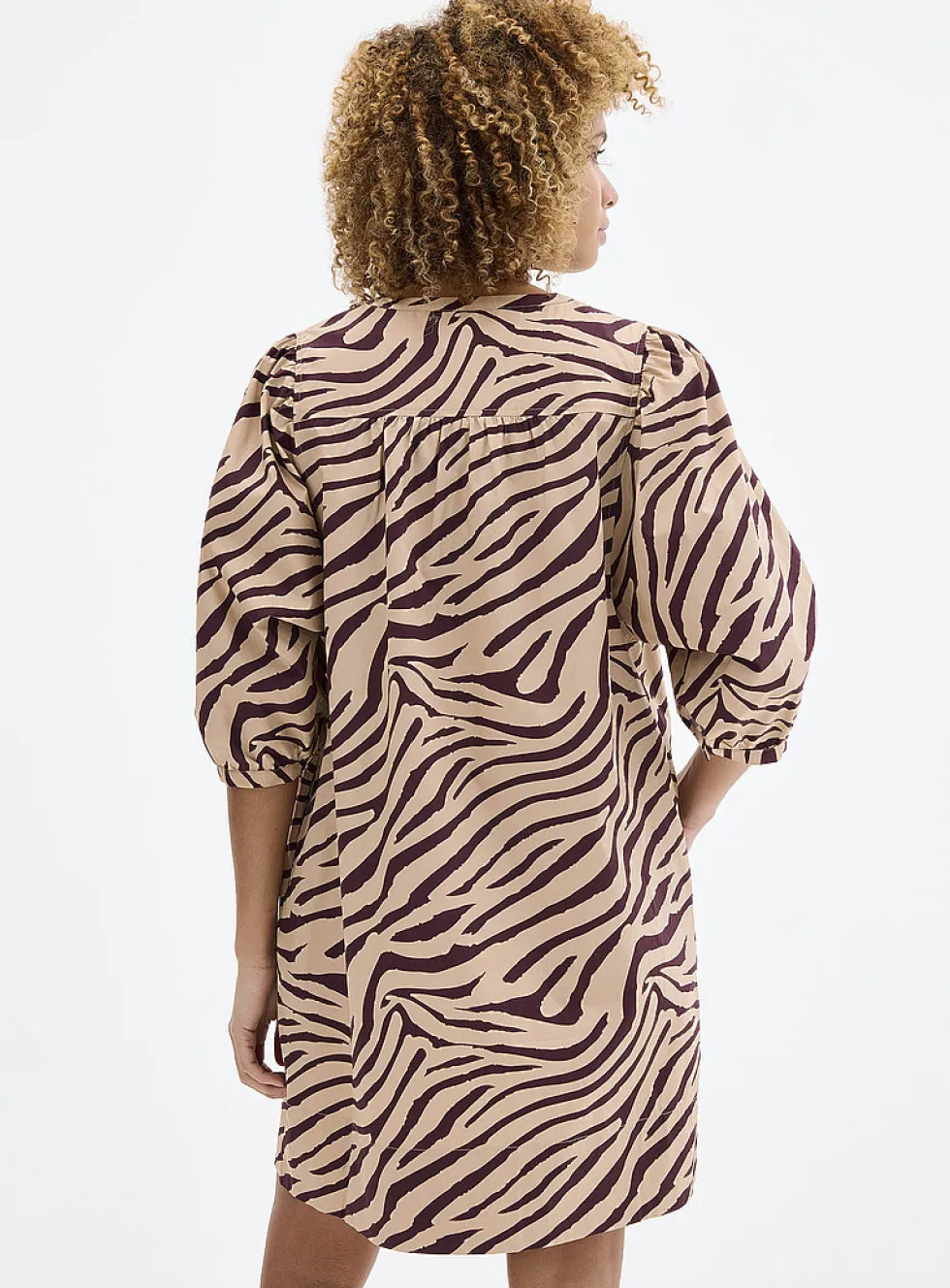 Puff-sleeve loose poplin print dress