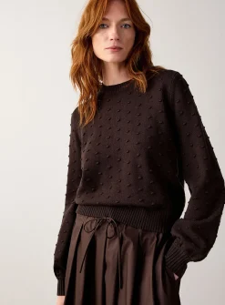 Puff-sleeve pompom sweater