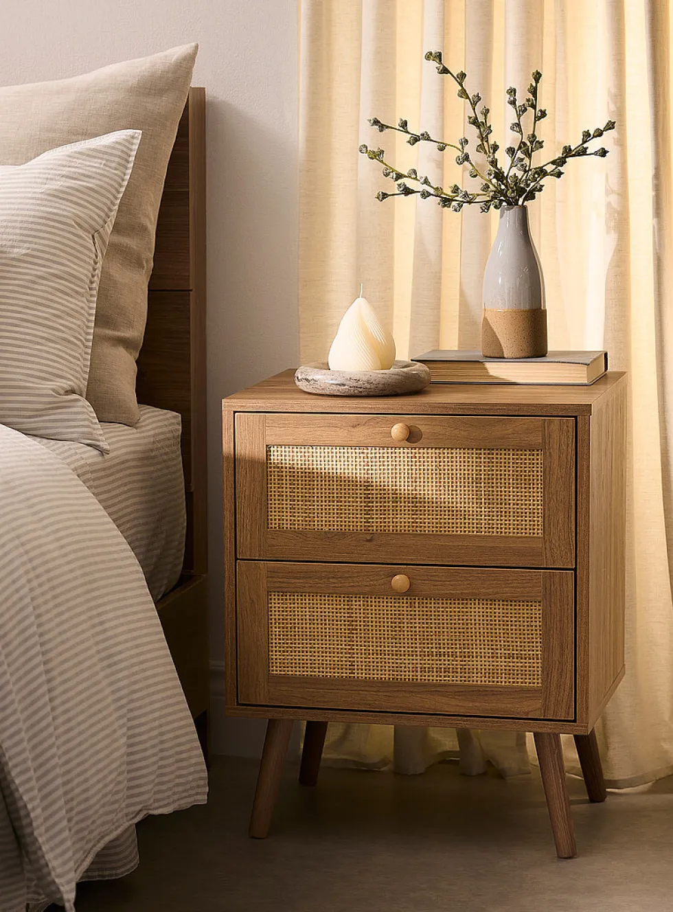 Rattan drawers walnut laminate accent table
