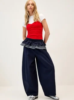 Removable ruffled skirt barrel-leg pant