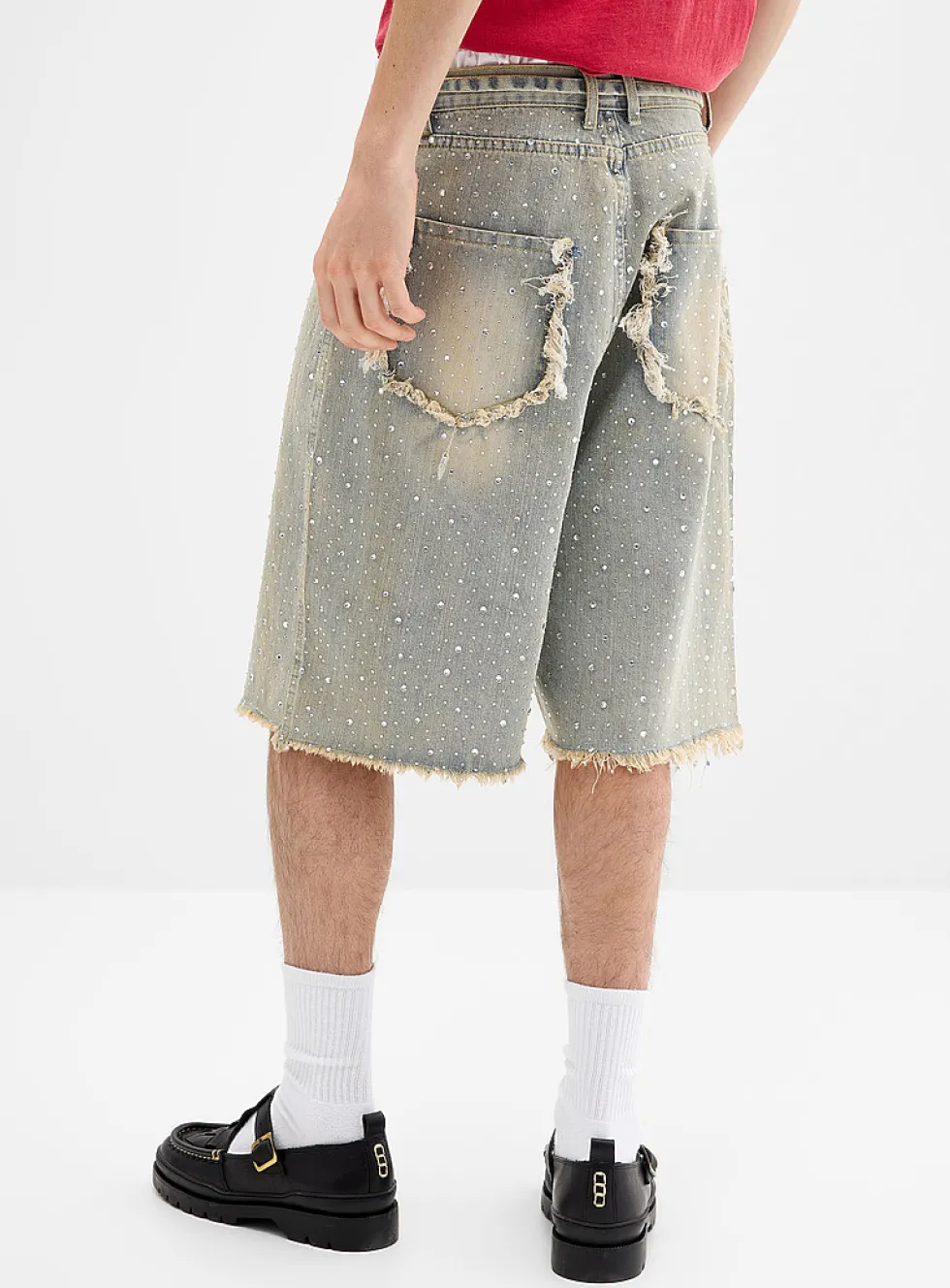 Rhinestone distressed denim Bermudas