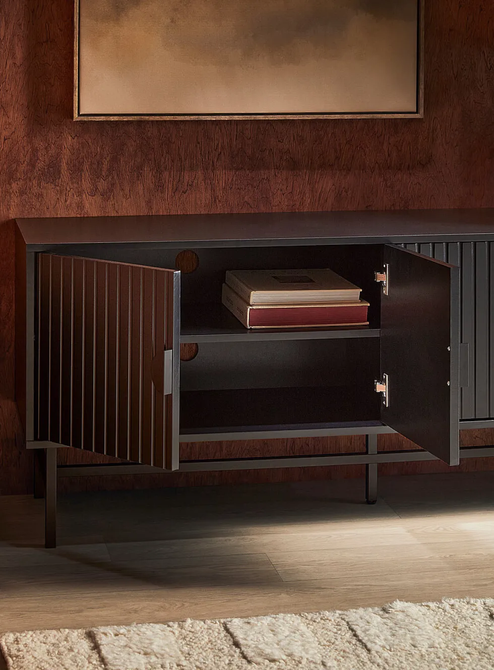 Ribbed doors TV stand and multimedia storage unit