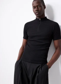 Ribbed zip-neck T-shirt