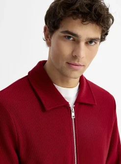 Rib-jersey polo-collar cardigan
