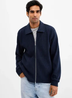 Rib-jersey polo-collar cardigan