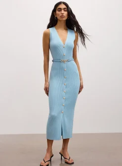 Rib-knit belted and buttoned dress