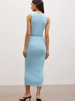 Rib-knit belted and buttoned dress