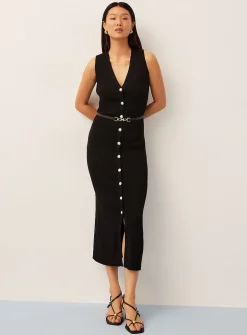 Rib-knit belted and buttoned dress