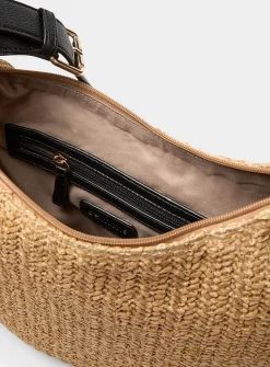 Rounded woven straw hobo bag
