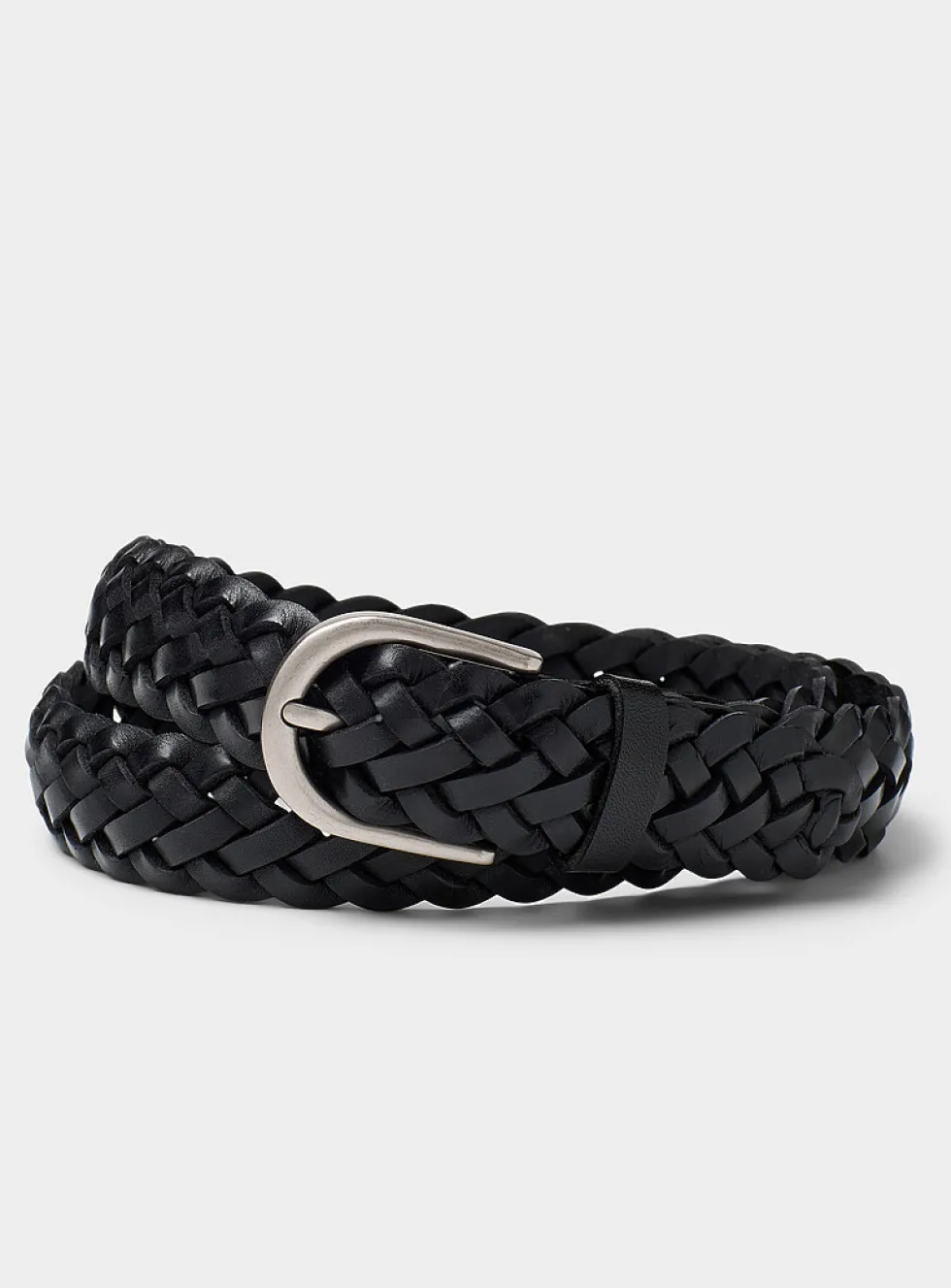 Rounded-buckle braided leather belt