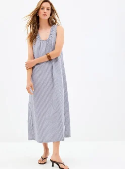 Ruched collar striped poplin dress