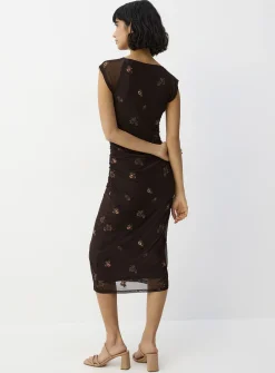 Ruched micromesh midi dress
