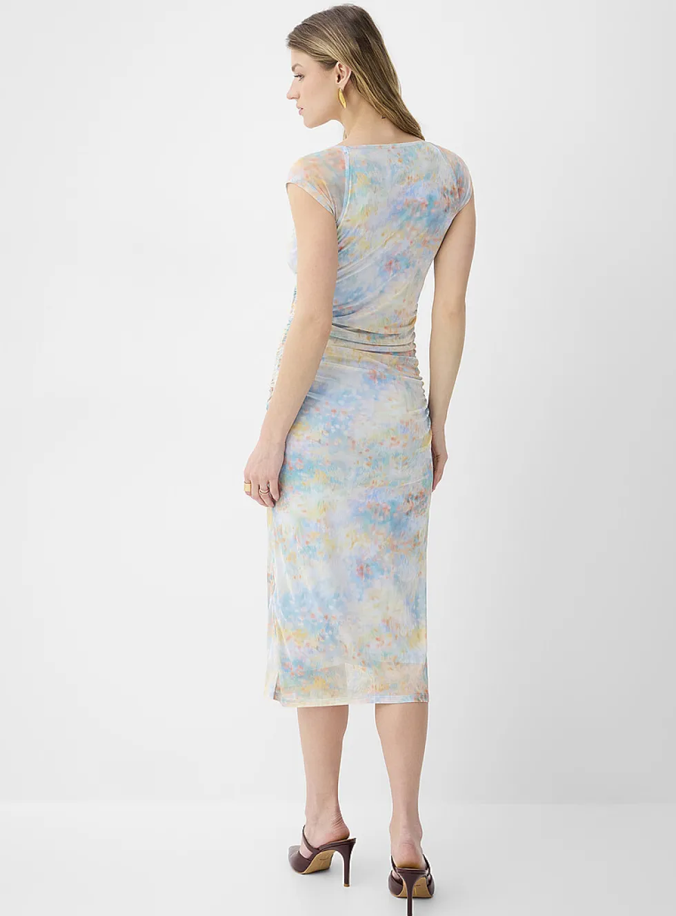 Ruched micromesh midi dress