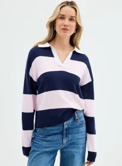Rugby stripes Johnny-collar sweater