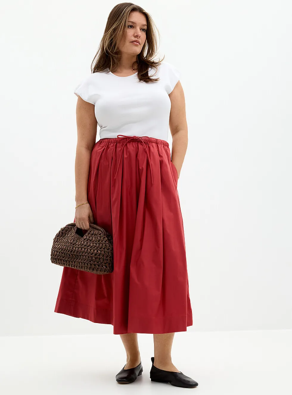 Satiny drawcord-waist skirt