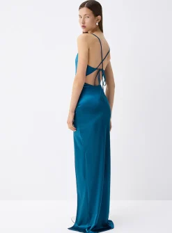 Satiny fitted draped-neck dress