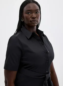 Satiny poplin belted shirtdress