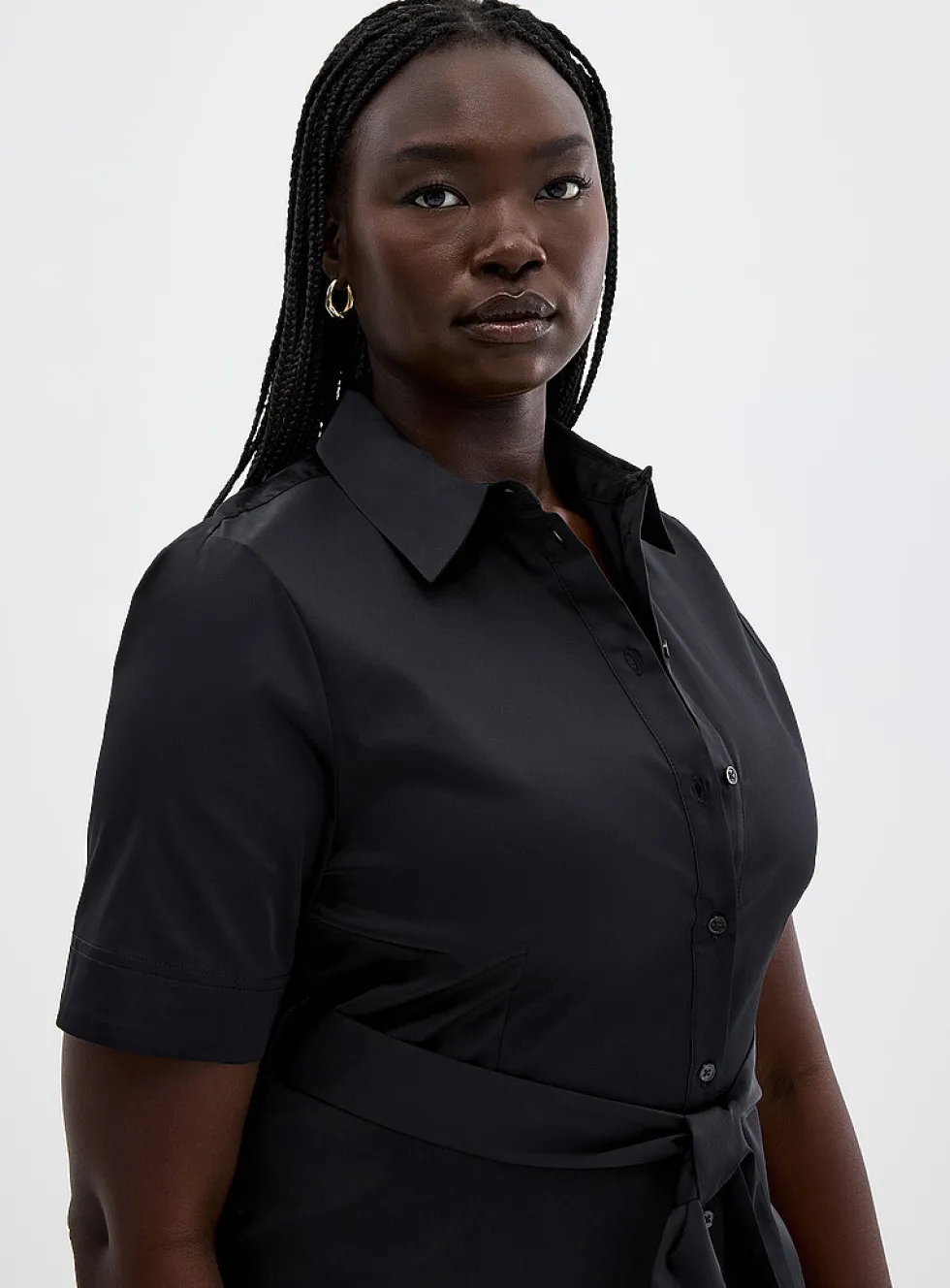 Satiny poplin belted shirtdress