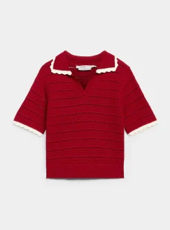 Scalloped Johnny collar openwork sweater