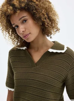 Scalloped Johnny collar openwork sweater