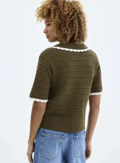 Scalloped Johnny collar openwork sweater